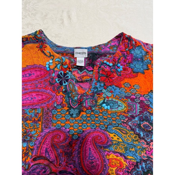 Chico's Paisley Patchwork Tunic Top Women's Size 1 Beaded V Neck Long Sleeve‎ - Picture 4 of 12